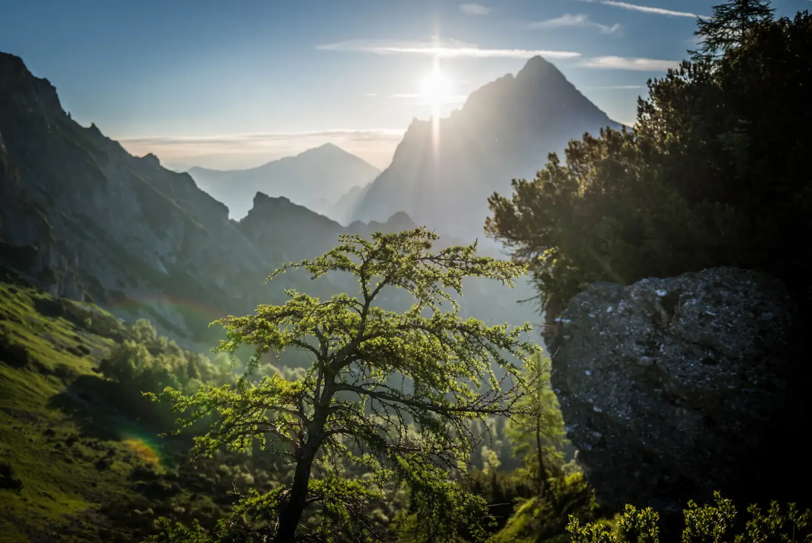 Berglandschaft im Nationalpark Gesäuse bei Sonnenaufgang